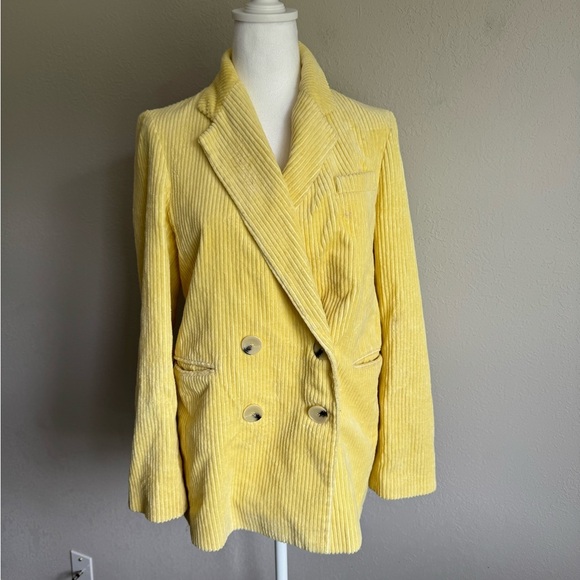 Zara Bright Yellow Velvet Strip Blazer Trench Jacket Womens S Academia Preppy - Picture 1 of 8